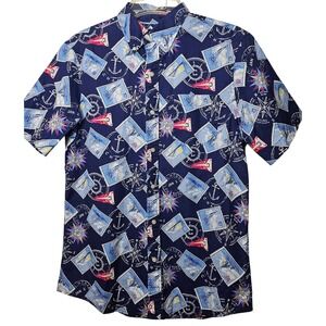 Chaps Mens Medium Navy Blue Nautical Postage Stamp Sailboat Cotton Button Down
